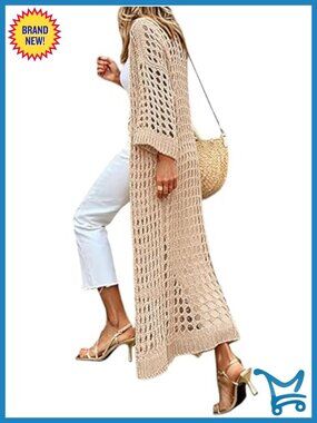 Lightweight Crochet Open Front Cardigan 3/4 Sleeve Summer Kimono Sweater